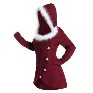 

Plus Size Hooded Faux Fur Tulip Hem Cable Knit Sweater, Deep red