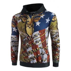 

American Flag Elk Print Kangaroo Pocket Hoodie, Cookie brown
