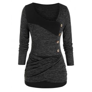 

Plus Size Space Dye Crossover Skew Collar Ruched Tee, Carbon gray