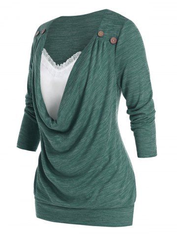 

Plus Size Draped Cowl Front Lace Panel Blouson Tunic Tee, Sea turtle green