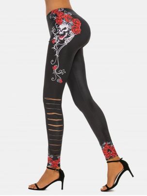 Halloween Rose Skull Print Distressed Legging