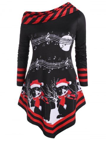 Musical Note Print Christmas Cat Stripes Panel Plus Size Top - RED - L