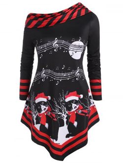 Musical Note Print Christmas Cat Stripes Panel Plus Size Top - RED - 2X