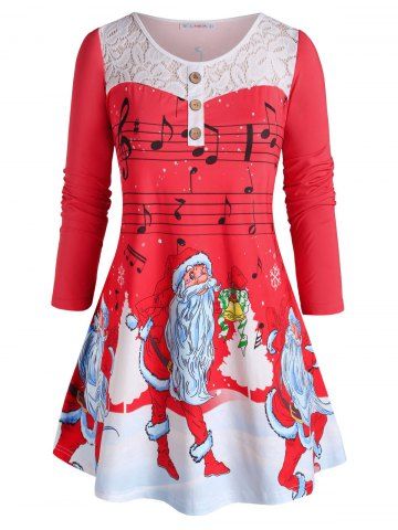Plus Size Christmas Claus Musical Notes Lace Panel Long Sleeve Tee - RED - 1X