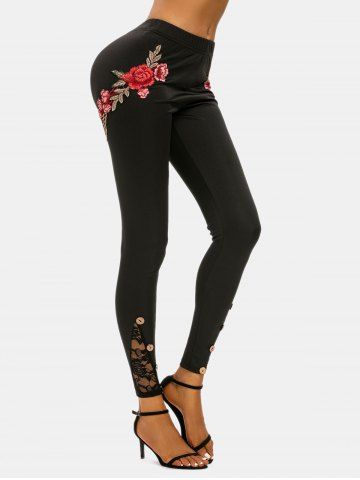 

Button Lace Insert Flower Applique Skinny Pants, Black