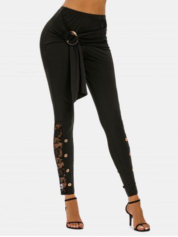 

Button Ring Detail Lace Insert High Rise Pants, Black