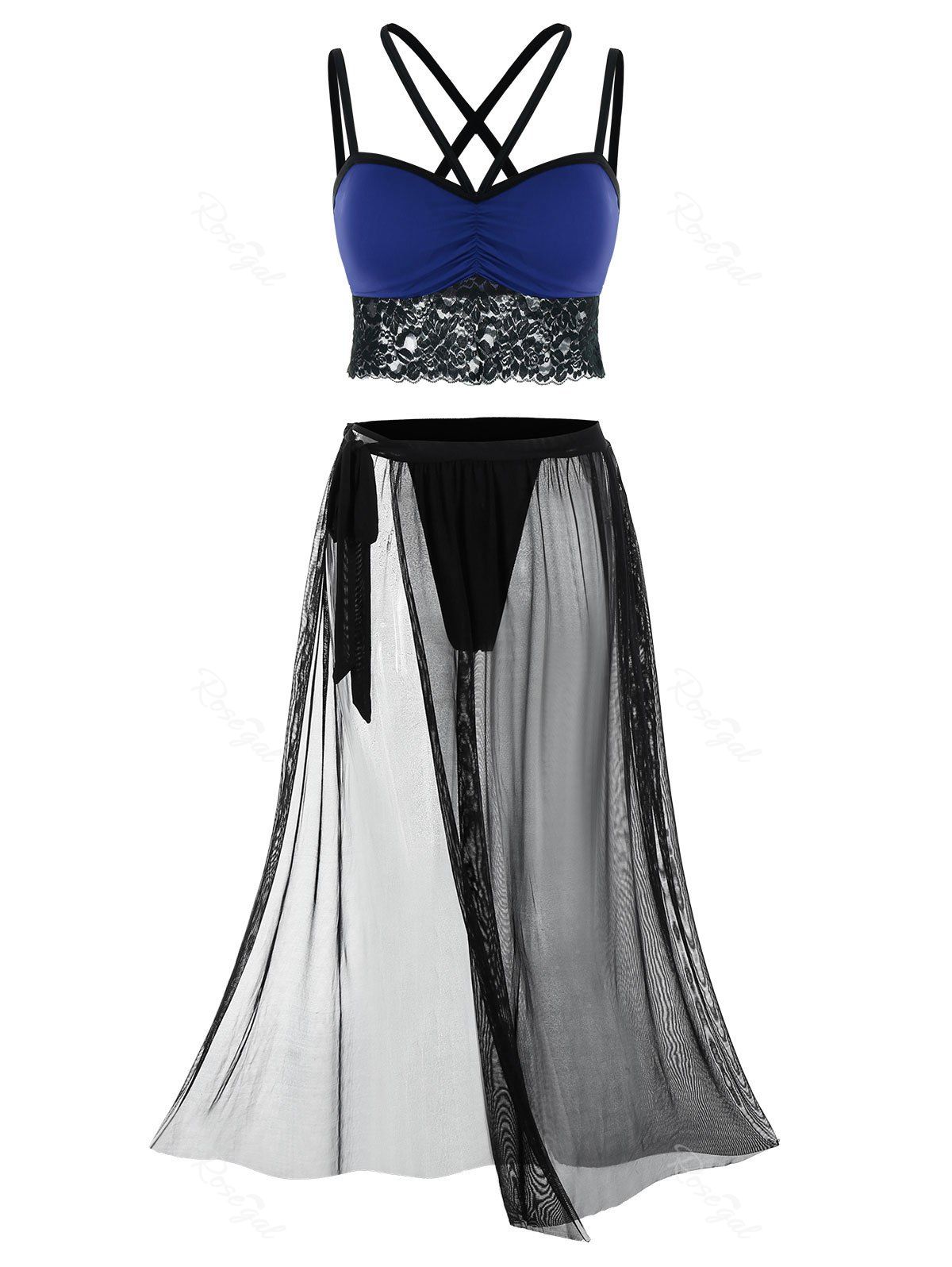 Plus Size Lace Panel Cutout Top and Mesh Sheer Lingerie Skirt Set, Navy blue