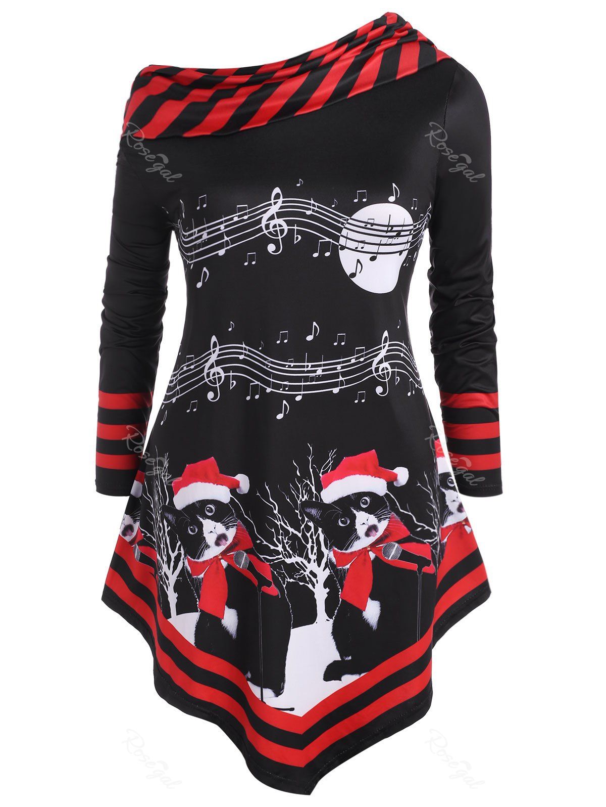 Musical Note Print Christmas Cat Stripes Panel Plus Size Top