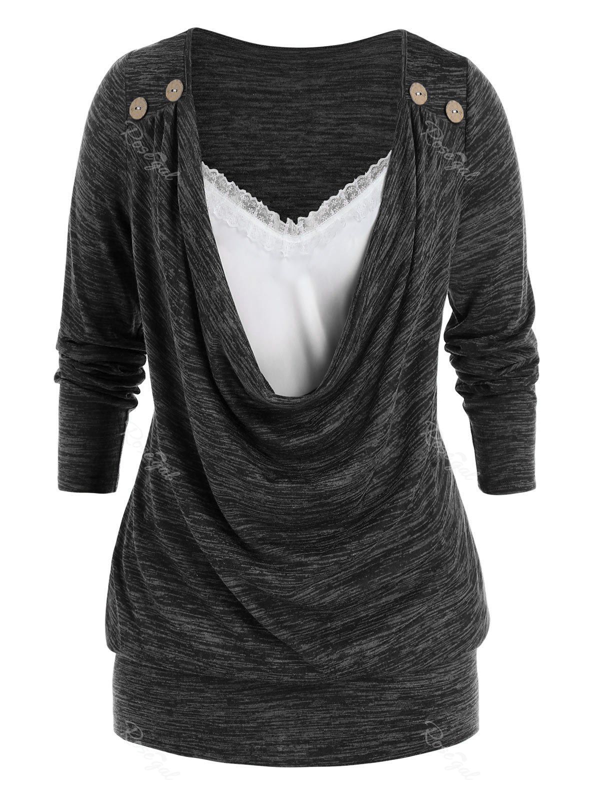

Plus Size Draped Cowl Front Lace Panel Blouson Tunic Tee, Dark slate grey
