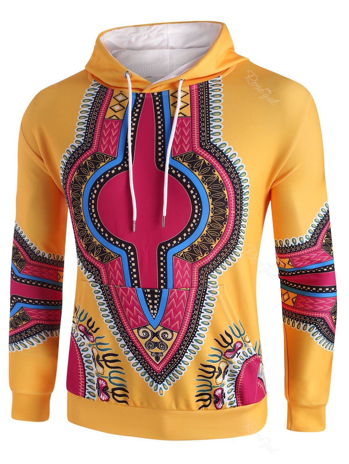 

Kangaroo Pocket Dashiki Print Drawstring Hoodie, Sun yellow