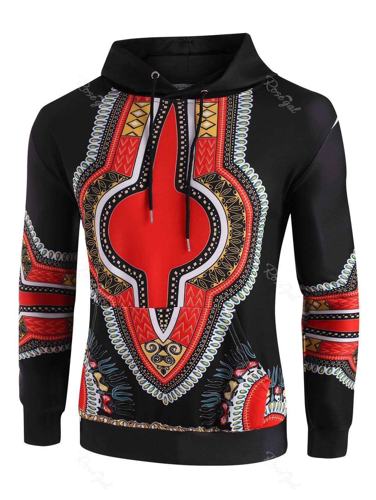 

Kangaroo Pocket Dashiki Print Drawstring Hoodie, Black