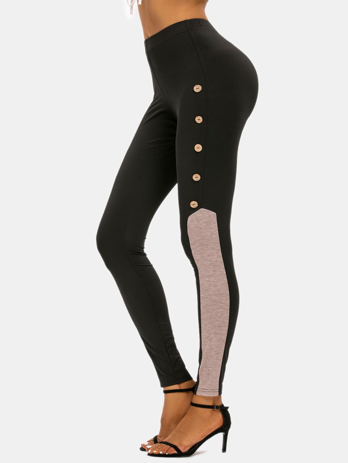 

Colorblock Mock Button Skinny Leggings, Black