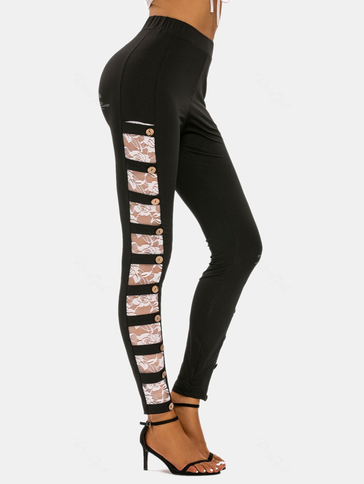 

Lace Panel Mock Button Ladder Cut Pants, Black