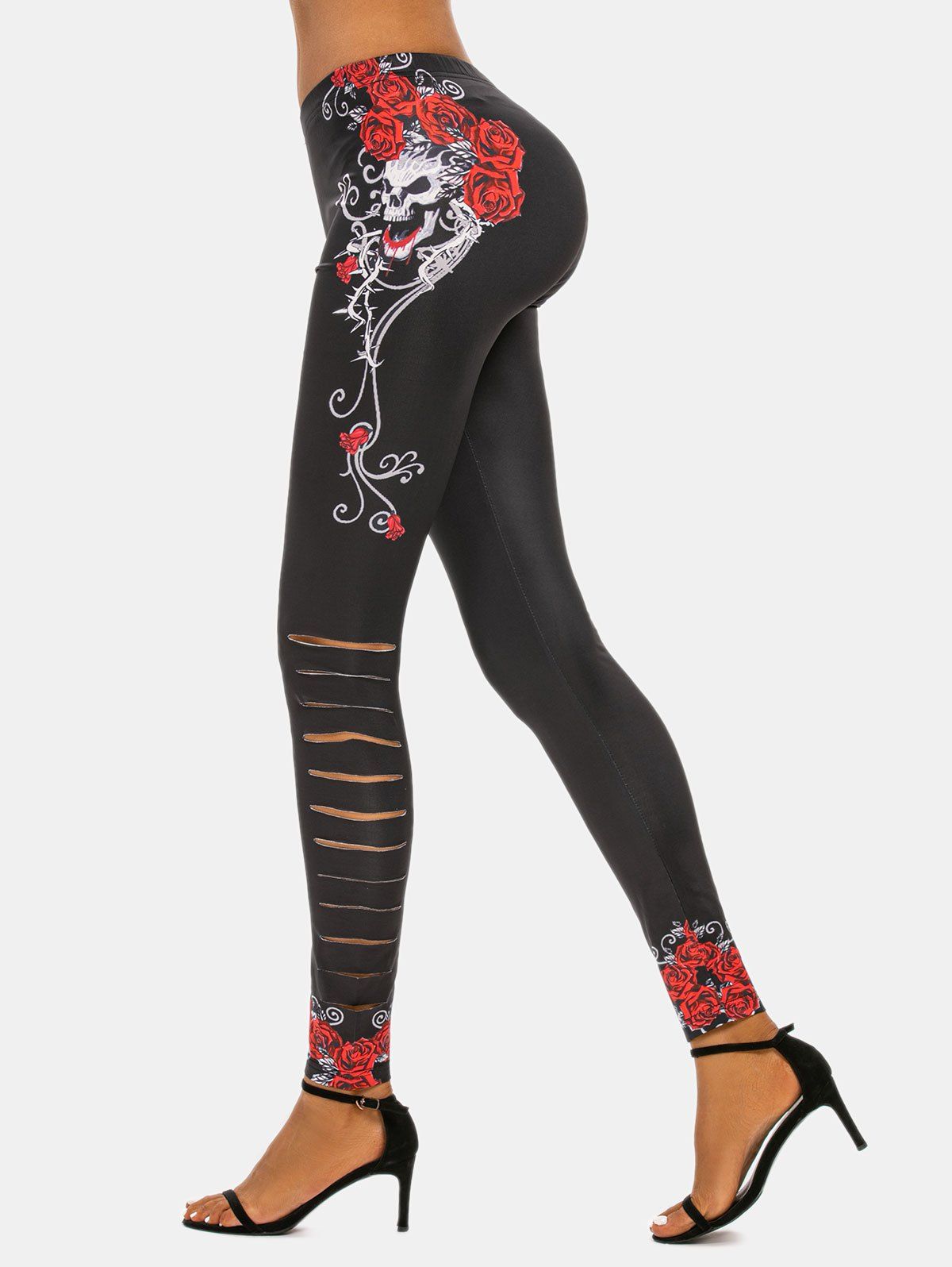 Halloween Rose Skull Print Distressed Legging, Black