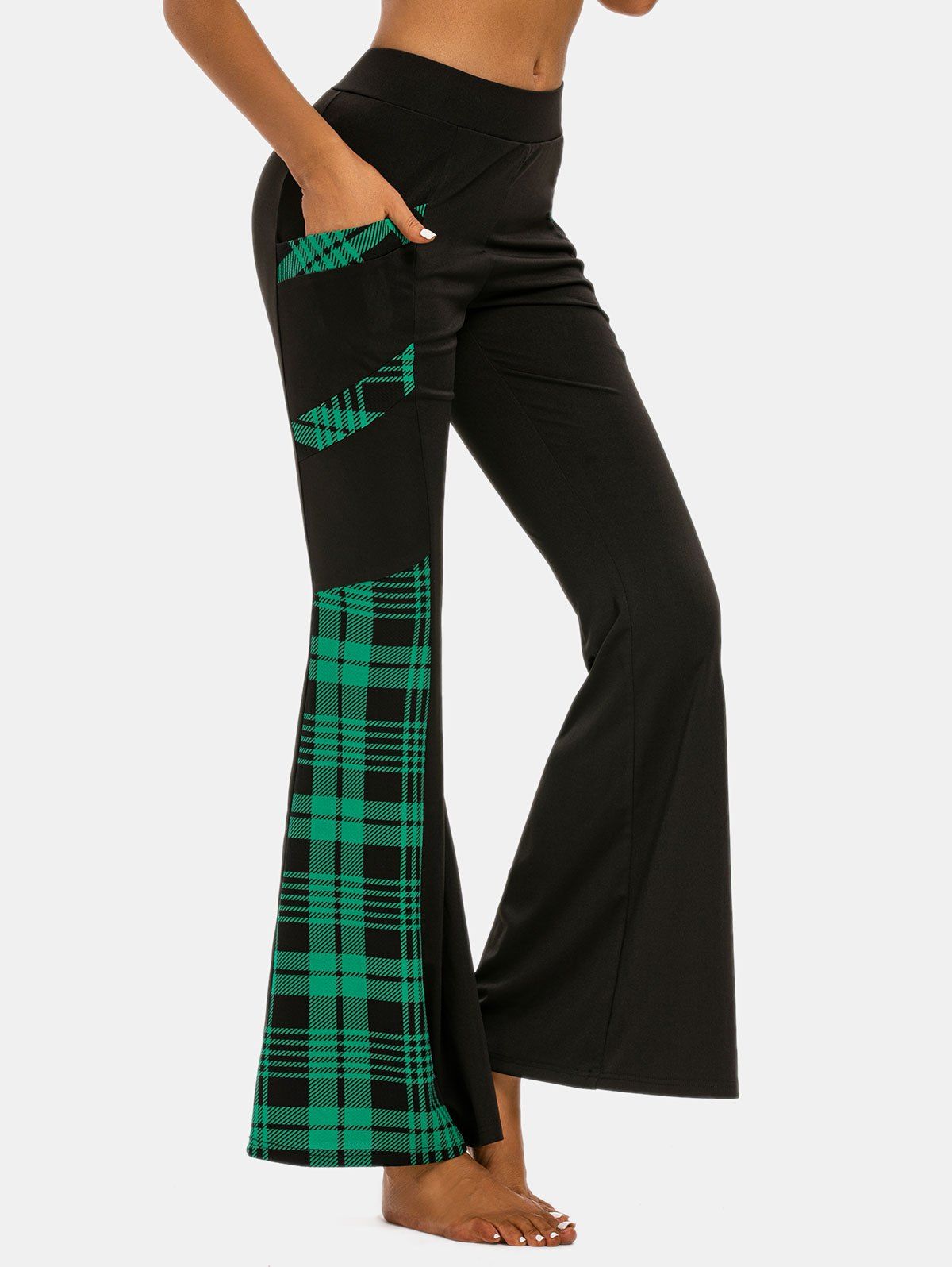 

High Waisted Plaid Flare Pants, Black