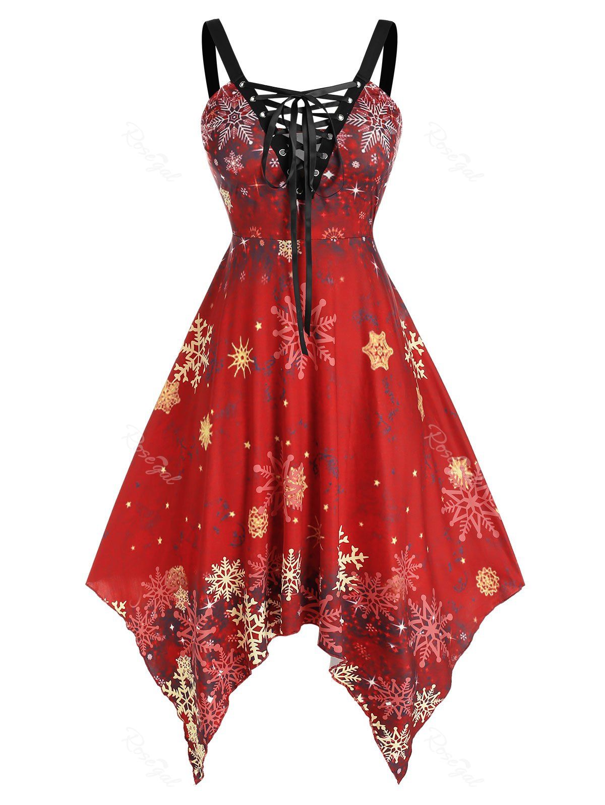 

Plus Size Snowflake Printed Lace Up Flare Dress, Red