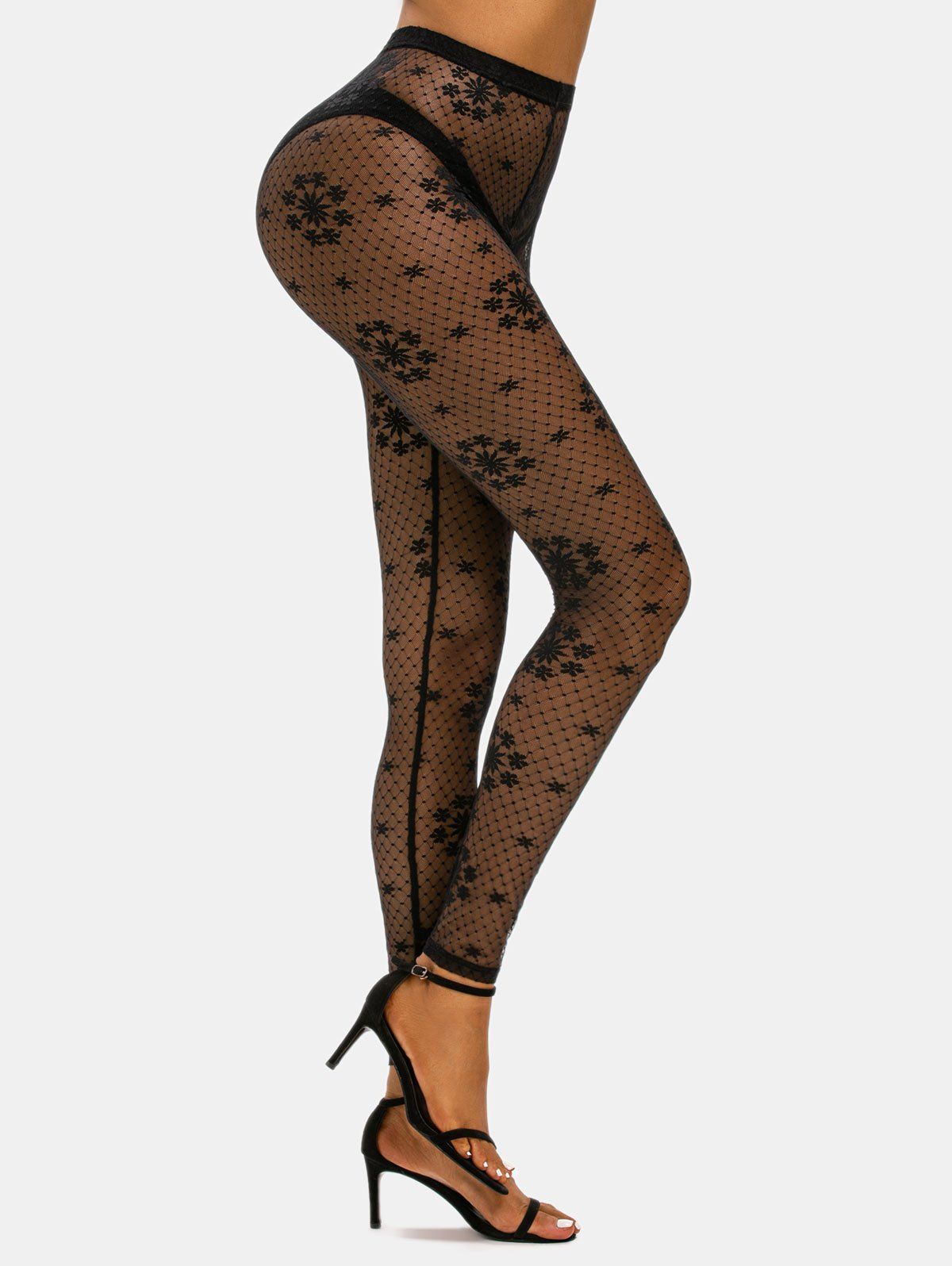 

Lace Flower Sheer Ankle Length Leggings, Black