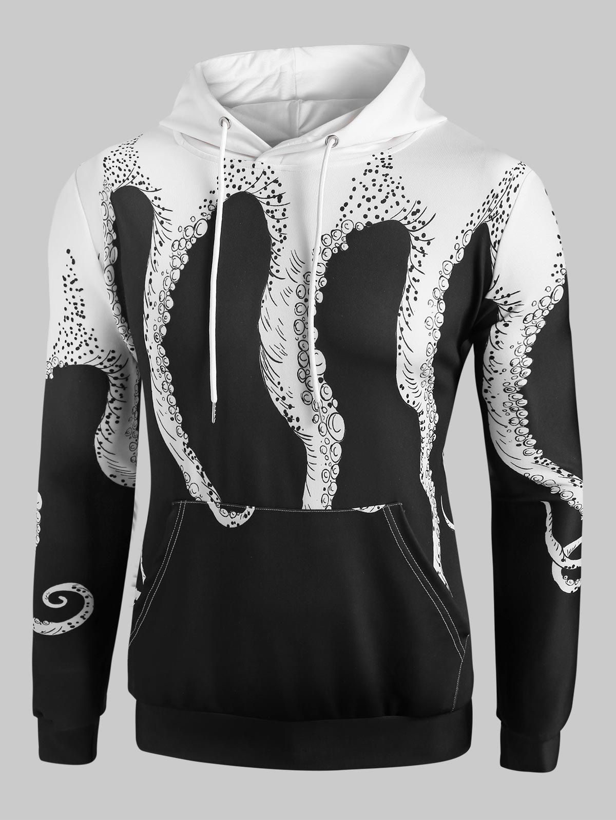

Kangaroo Pocket Octopus Printed Drawstring Hoodie, Black
