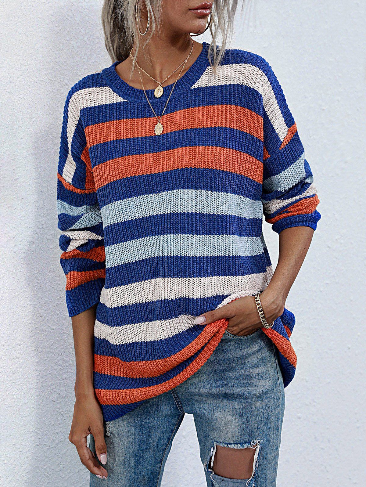 

Crew Neck Colorful Striped Tunic Sweater, Blue