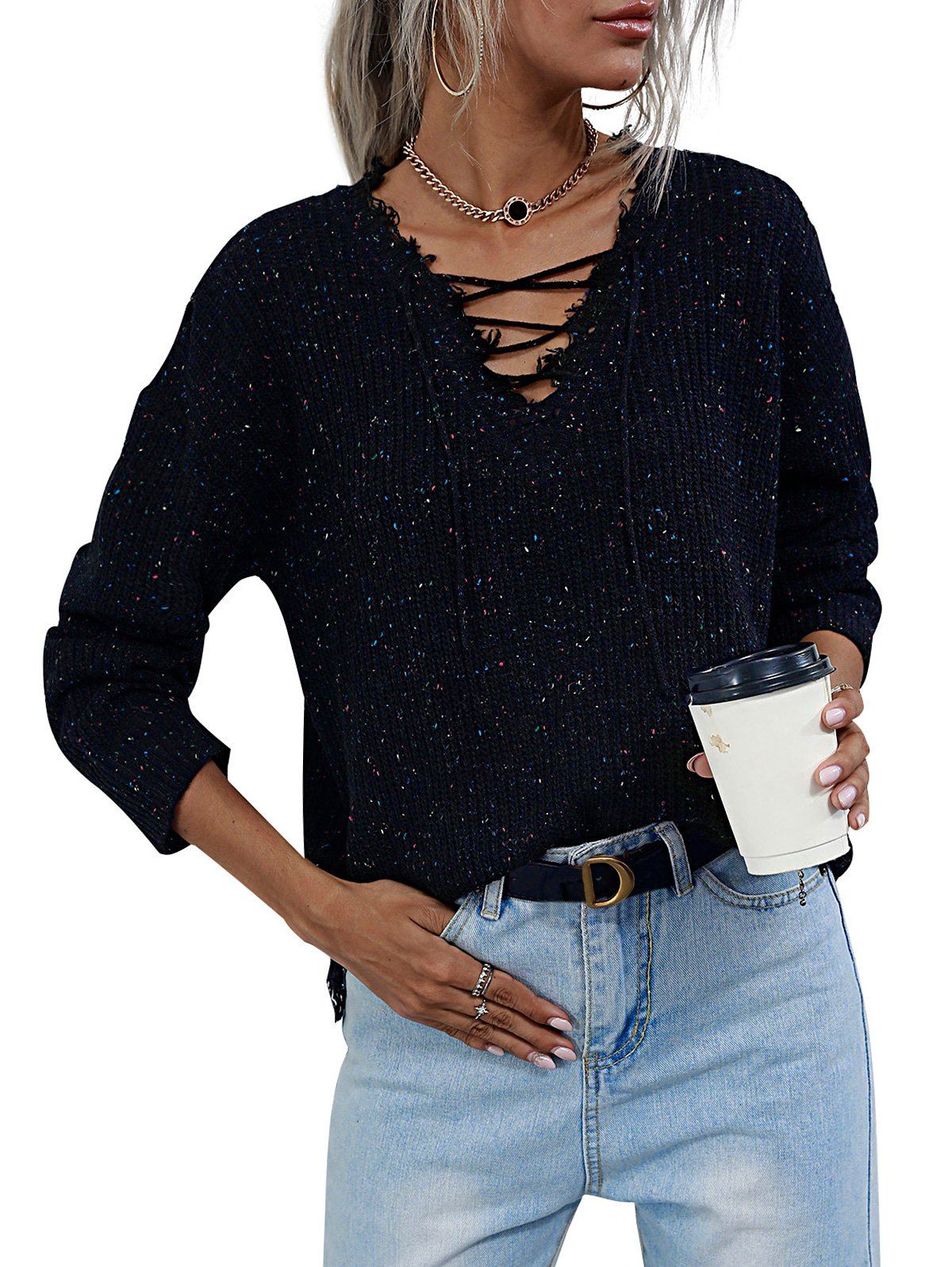 

V Neck Lace-up Heathered Distressed Trim Sweater, Black