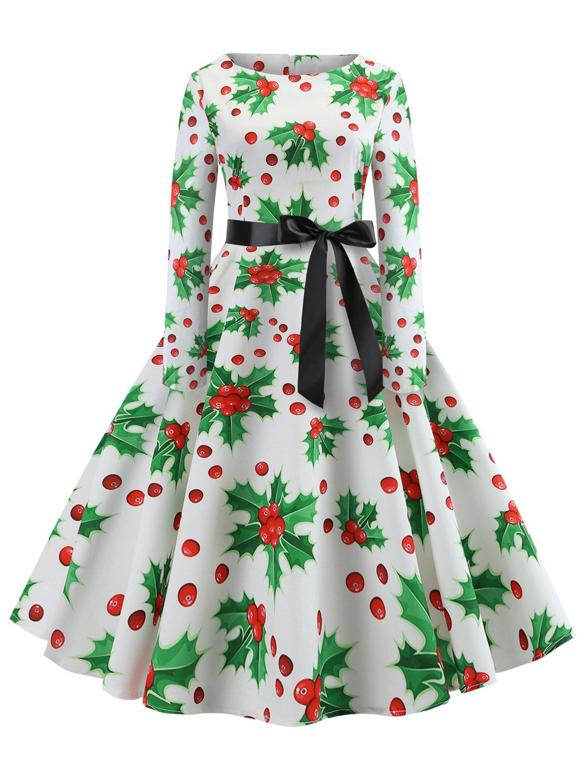 

Christmas Berry Print Long Sleeve Belted Dress, White