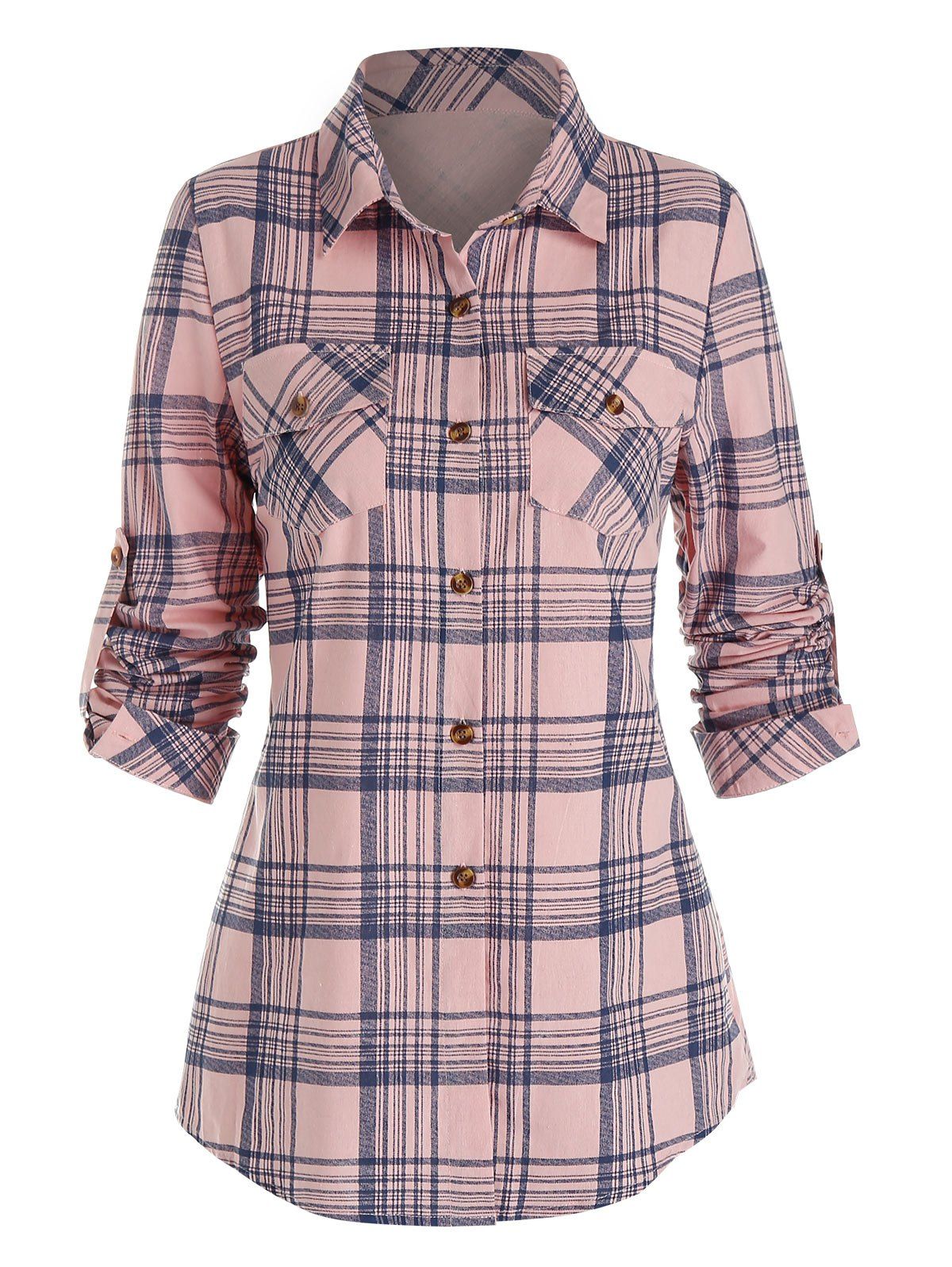 

Double Pockets Plaid Print Button Up Shirt, Light pink