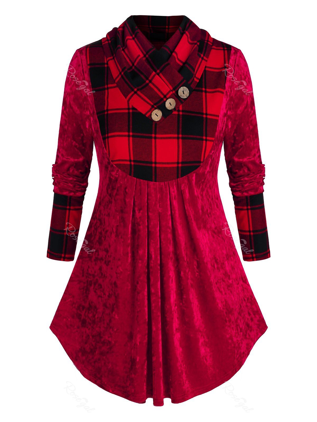 

Plus Size Plaid Velvet Curved Hem Tunic Tee, Red