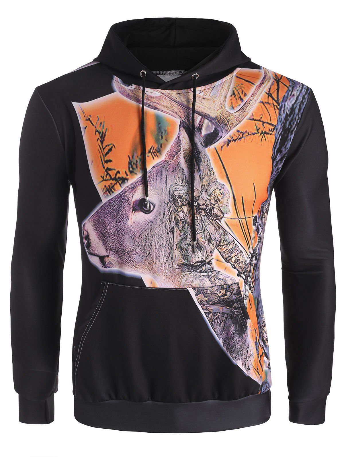 

Kangaroo Pocket Elk Print Drawstring Hoodie, Black