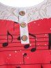T-Shirt de Noël à Manches Longues Panneau en Dentelle Motif Notes de Musique de Grande-Taille - Rouge L