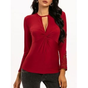 

Keyhole Twist Lace Panel Long Sleeve Top, Deep red