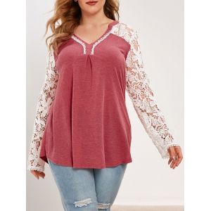 

Plus Size Flower Crochet V Cut Curved Tunic Tee, Valentine red