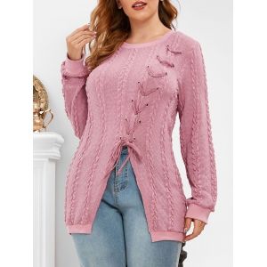 

Plus Size Lace Up Split Cable Knit Sweater, Light pink