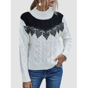 

High Neck Bicolor Applique Panel Sweater, White