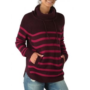 

Striped Turtleneck Drawstring Pocket Sweater, Deep red