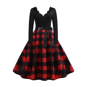 

Scalloped Plaid Print Belted A Line Retro Dress, Deep red