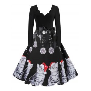 

Santa Claus Cat Elk Christmas Scalloped Belted Dress, Black