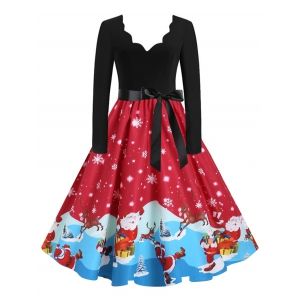 

Santa Claus Cat Elk Christmas Scalloped Belted Dress, Blue