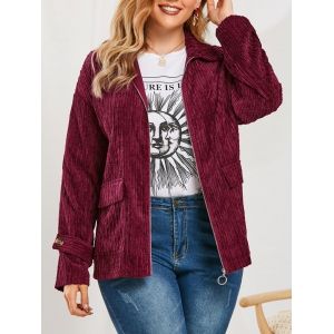 

Plus Size Corduroy Flap Pockets Jacket, Red wine