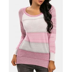 

Colorblock Pointelle Knit Stepped Hem Knitwear, Light pink