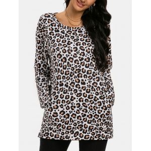 

Leopard Slip Pockets Long Sleeve Top, Light coffee