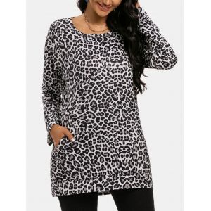 

Leopard Slip Pockets Long Sleeve Top, Gray