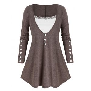 

Plus Size Mock Button Lace Panel Curved Hem Tee, Puce