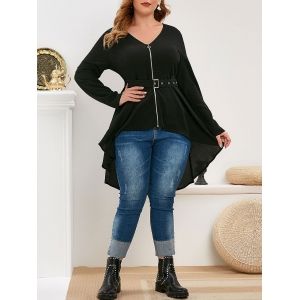 

Plus Size Zip Front High Low Belted Blouse, Black