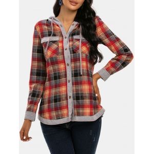 

Hooded Drawstring Button Up Plaid Print Shirt, Multi a