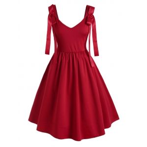 

Solid V Neck Bowknot Plus Size Dress, Red