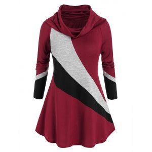 

Plus Size Color Blocking Cowl Neck Tunic Sweater, Black