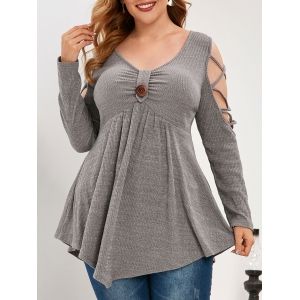 

Plus Size Knitted Cold Shoulder Criss Cross Knotted Top, Gray