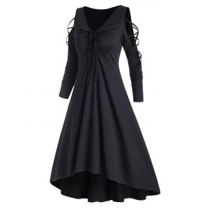 

Cold Shoulder Criss Cross Cinched Dip Hem Dress, Black