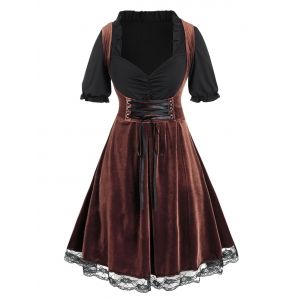 

Plus Size Velvet Lace-up Ruched A Line Dirndl Dress, Deep coffee