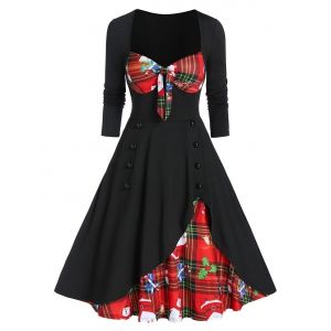 

Christmas Plaid Print Mock Button Faux Twinset Vintage Dress, Black